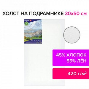 Холст на подрамнике BRAUBERG ART CLASSIC, 30х50 см, 420 г/м2, 45% хлопок 55% лен, среднее зерно, 191657