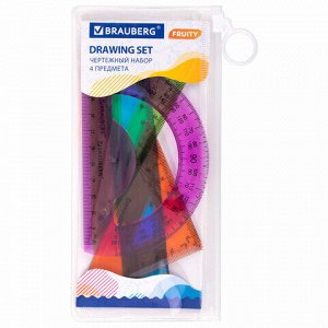 Набор чертежный малый BRAUBERG &quot;FRUITY&quot; (линейка 15 см, 2 треугольника, транспортир), ассорти, пенал, 210770