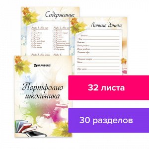 Листы-вкладыши для портфолио ШКОЛЬНИКА, 30 разделов, 32 листа, "Моё портфолио", BRAUBERG, 127550