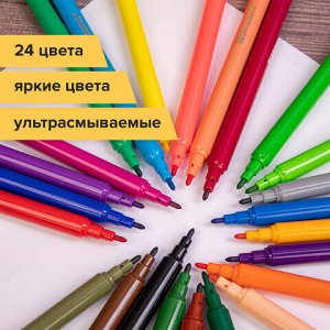 Фломастеры BRAUBERG "PREMIUM", 24 цвета, УЛЬТРАСМЫВАЕМЫЕ, классические, вентилируемый колпачок, картонная коробка с европодвесом, 151940