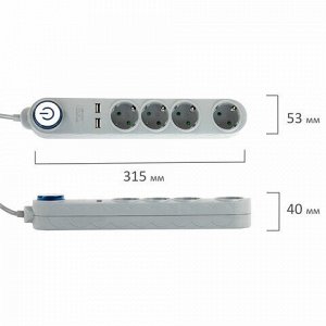 Сетевой фильтр SONNEN DX04, 4 розетки, 2 USB-порта, с заземлением, 10 А, 1,5 м, серый, 513493