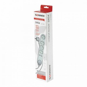 Сетевой фильтр SONNEN DX04, 4 розетки, 2 USB-порта, с заземлением, 10 А, 1,5 м, графит, 513493