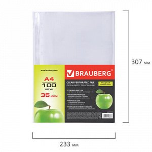 Папки-файлы перфорированные А4 BRAUBERG, комплект 100 шт., гладкие, "Яблоко", 35 мкм