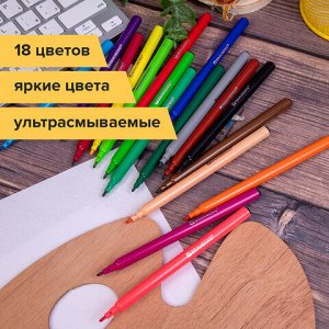 Фломастеры BRAUBERG "PREMIUM", 18 цветов, УЛЬТРАСМЫВАЕМЫЕ, классические, вентилируемый колпачок, картонная коробка с европодвесом, 151939