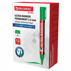 Маркер перманентный ULTRA MARKER, ЗЕЛЕНЫЙ, 3,5 мм, с клипом, BRAUBERG, 152207