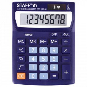 Калькулятор настольный STAFF STF-1808-BU, КОМПАКТНЫЙ (140х105 мм), 8 разрядов, двойное питание, СИНИЙ, 250466