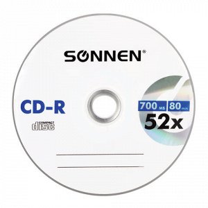 Диски CD-R SONNEN 700 Mb 52x Cake Box (упаковка на шпиле), КОМПЛЕКТ 50 шт., 512570