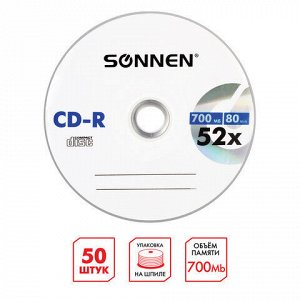 Диски CD-R SONNEN 700 Mb 52x Bulk (термоусадка без шпиля), КОМПЛЕКТ 50 шт., 512571