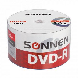 Диски DVD-R SONNEN 4,7 Gb 16x Bulk (термоусадка без шпиля), КОМПЛЕКТ 50 шт., 512574