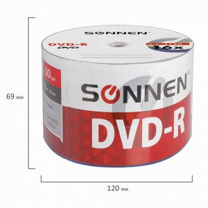 Диски DVD-R SONNEN 4,7 Gb 16x Bulk (термоусадка без шпиля), КОМПЛЕКТ 50 шт., 512574