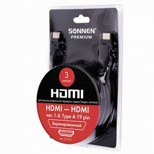 Кабель HDMI AM-AM, 3 м, SONNEN Premium, ver 2.0, FullHD, 4К, UltraHD, для ноутбука, компьютера, монитора, телевизора, проектора, 513131