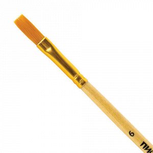 Кисть ПИФАГОР, СИНТЕТИКА, плоская, № 6, деревянная лакированная ручка, с колпачком, пакет с подвесом, 200859