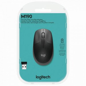 Мышь беспроводная LOGITECH M190, 2 кнопки+1 колесо-кнопка, оптическая, чёрно-серый 910-005905