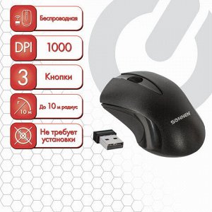 Мышь беспроводная SONNEN M-661Bk, USB, 1000 dpi, 2 кнопки + 1 колесо-кнопка, оптическая, черная, 512647