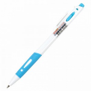Ручка шариковая автоматическая с грипом STAFF "BP-16 White", СИНЯЯ, ассорти, линия письма 0,35 мм