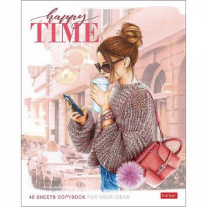 Тетрадь А5, 48 л., HATBER, скоба, клетка, матовая ламинация, "Happy time" (5 видов в спайке), 48Т5лВ1