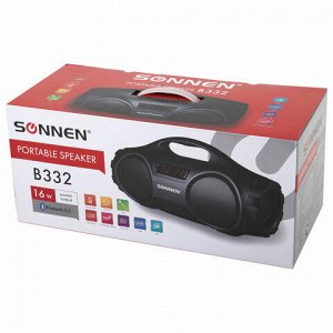Колонка портативная SONNEN B332, 16 Вт, Bluetooth, FM-тюнер, microSD, MP3-плеер, черная, 513480
