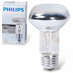 Лампа накаливания PHILIPS Spot R63 E27 30D, 60 Вт, зеркальная, колба d = 63 мм, цоколь E27, угол 30°, 043665