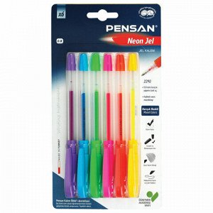 Ручки гелевые PENSAN "Neon Gel", НАБОР 6 ЦВЕТОВ, узел 1 мм, линия письма 0,5 мм