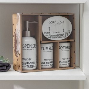 Набор аксессуаров для ванной комнаты «Надписи», 4 предмета (дозатор 400 мл, мыльница, 2 стакана), цвет белый