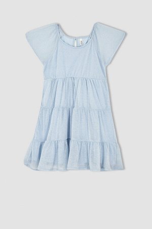 Блестящее хлопковое хлопковое летнее платье с круглым вырезом и короткими рукавами для девочек