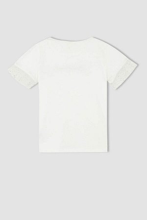 DEFACTO Хлопковая футболка с короткими рукавами и принтом для девочек стандартного кроя