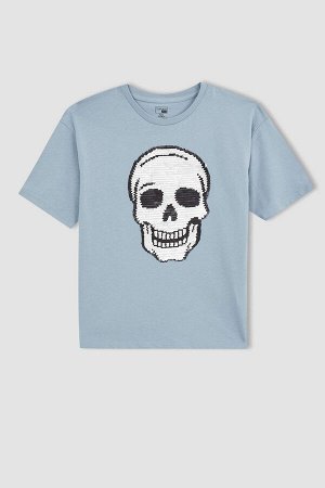 Хлопковая футболка свободного кроя с короткими рукавами и принтом черепа для мальчика с блестками