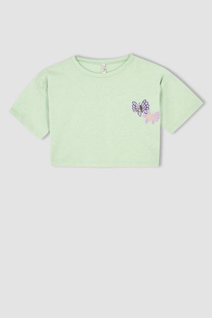 Укороченная хлопковая футболка с коротким рукавом и принтом бабочки для девочек