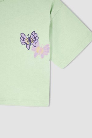 Укороченная хлопковая футболка с коротким рукавом и принтом бабочки для девочек