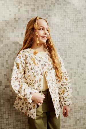 Стеганая куртка-пальто с цветочным принтом для девочки
