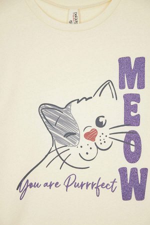 Хлопковая футболка с короткими рукавами и принтом кота для девочек