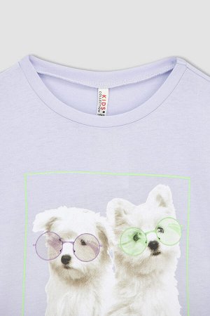 Хлопковая футболка с круглым вырезом и принтом собаки с коротким рукавом для девочек