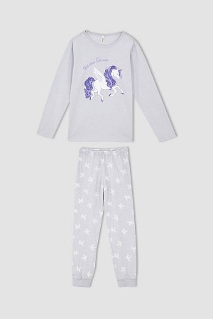 Хлопковая пижама с длинными рукавами и принтом единорога для девочек