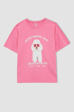 Хлопковая футболка с круглым вырезом и принтом собаки с коротким рукавом для девочек