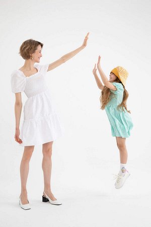 DEFACTO Летнее платье Gipe для девочек с квадратным воротником и короткими рукавами-фонариками
