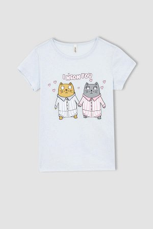 Хлопковая пижама с короткими рукавами и принтом кота для девочки