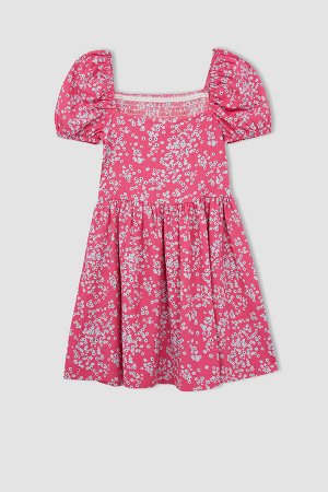 Платье миди с квадратным воротником и цветочным узором для девочек с короткими рукавами