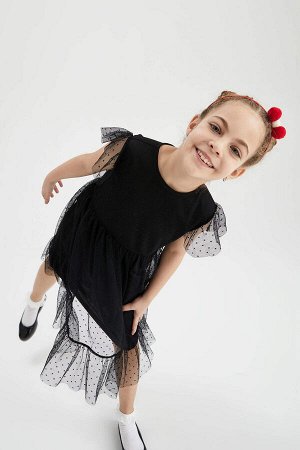 DEFACTO Платье из тюля с круглым вырезом и короткими рукавами для девочек
