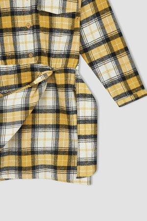DEFACTO Платье-рубашка из фланели с длинными рукавами и вырезом поло для девочек с квадратным узором