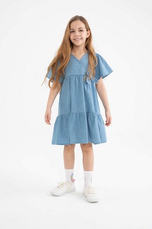 Джинсовое платье миди с короткими рукавами и оборками для девочек
