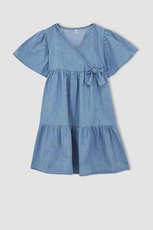 Джинсовое платье миди с короткими рукавами и оборками для девочек