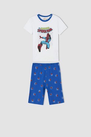 DEFACTO Пижамный комплект из хлопка с короткими рукавами и шортами с изображением Человека-паука для мальчиков