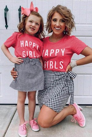 Розовая футболка для всей семьи с надписью: HAPPY GIRLS