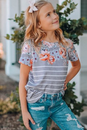 Серая полосатая детская футболка с цветочным принтом