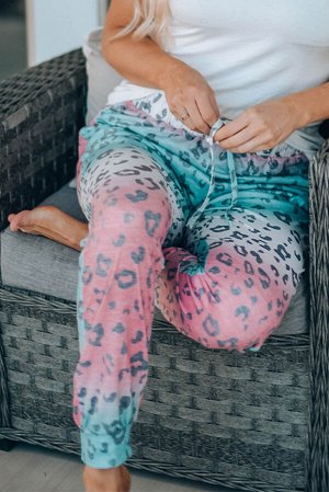 Розово-бирюзовые повседневные штаны с высокой талией и леопардовым принтом