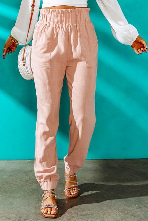 Светло-розовые повседневные штаны с высокой посадкой и эластичной талией