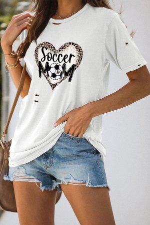 Белая футболка с дырками и леопардовым принтом сердце с надписью: Soccer MOM