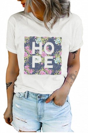 Белая футболка с цветочным принтом и надписью: HOPE
