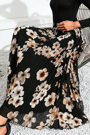 Черная шифоновая плиссированная юбка с высокой талией и цветочным принтом