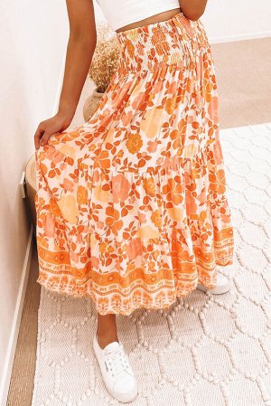 Оранжевая присборенная юбка-трапеция с высокой талией и цветочным принтом